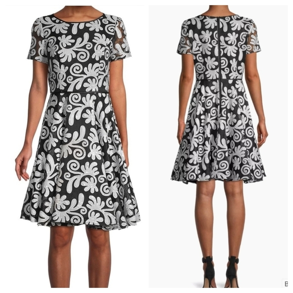 Shan Dresses Shani Novelty Black & White Fit-&-Flare Mesh/sequin Dress - Picture 1 of 7